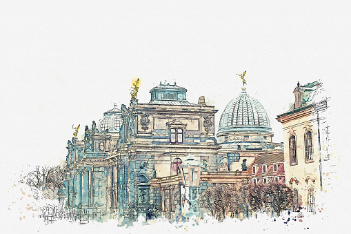 A watercolor sketch or illustration. Palace Albertinum or a gallery of new masters or an art gallery in Dresden in Germany. The building was built in the 16th century.