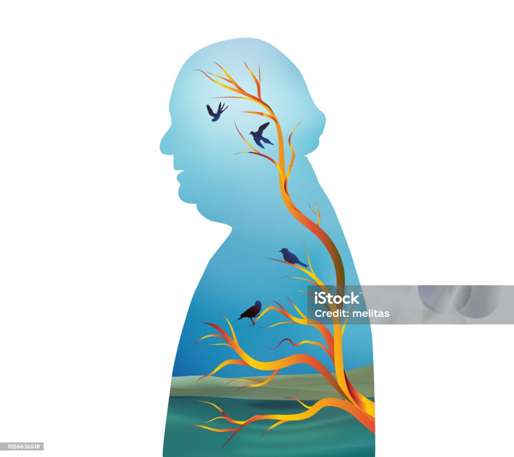 Talking crowd. Dialogue between people. People talking. Colored silhouette profiles. Multiple exposure vector Illustration with silhouette of a senior in profile with landscape inside with tree branches, hills and birds Sharing stock illustration