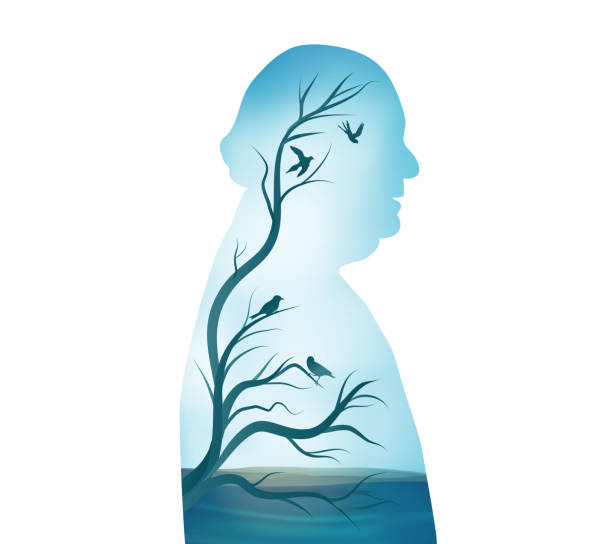 ilustraciones, imágenes clip art, dibujos animados e iconos de stock de demencia senil. concepto de alzheimer. silueta de perfil senior con cielo azul - ramas de los árboles y los pájaros - people silhouette aging process tree