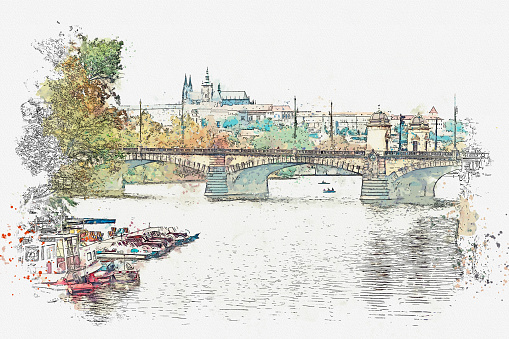 illustration of a beautiful view of Prague in the Czech Republic. Watercolor sketch