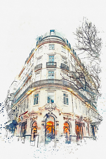 A watercolor sketch or an illustration. Traditional European architecture. The corner of a typical building in Porto in Portugal.