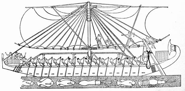 Cross section of an old Egyptian ship Illustration from 19th century drawing of slaves working stock illustrations