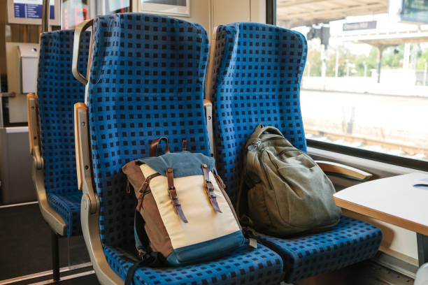 istock Two backpacks on the seats in the train 1056641794
