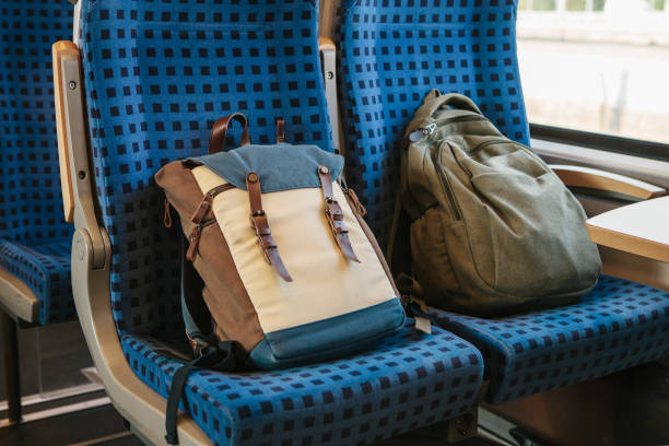 istock Two backpacks on the seats in the train 1056641816