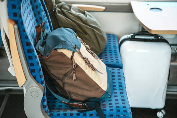 istock Two backpacks on the seats in the train 1056641878