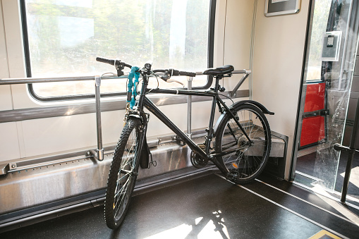 Special place to transport bicycles in the train. Bicycle is fastened to the locking device for transportation safety.