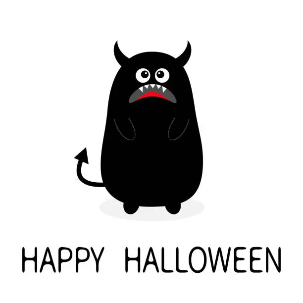 Vector illustration of Happy Halloween. Monster black silhouette. Fang tooth. Open mouth. One eye, teeth, tongue, hands, tail, horns. Funny Cute cartoon baby character. Flat design. White background. Isolated.