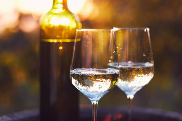 istock Two glasses of white wine at sunset 1056649810