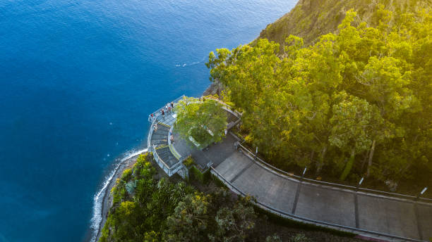 Aerial view of "Cabo Girao" viewpoint Drone photography of "Cabo Girao" viewpoint situated at "Camara de Lobos", Madeira island, Portugal. The highest promontory in Europe with an elevation of 580 meters. headland photos stock pictures, royalty-free photos & images