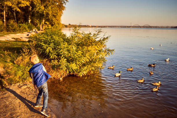 istock Happy teen feeding ducks in the river 1056651164