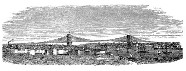 ilustraciones, imágenes clip art, dibujos animados e iconos de stock de puente de brooklyn, nueva york, estados unidos - east river illustrations