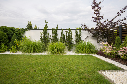 Hierba verde, flores y árboles en la terraza con arbustos y piedras blancas photo
