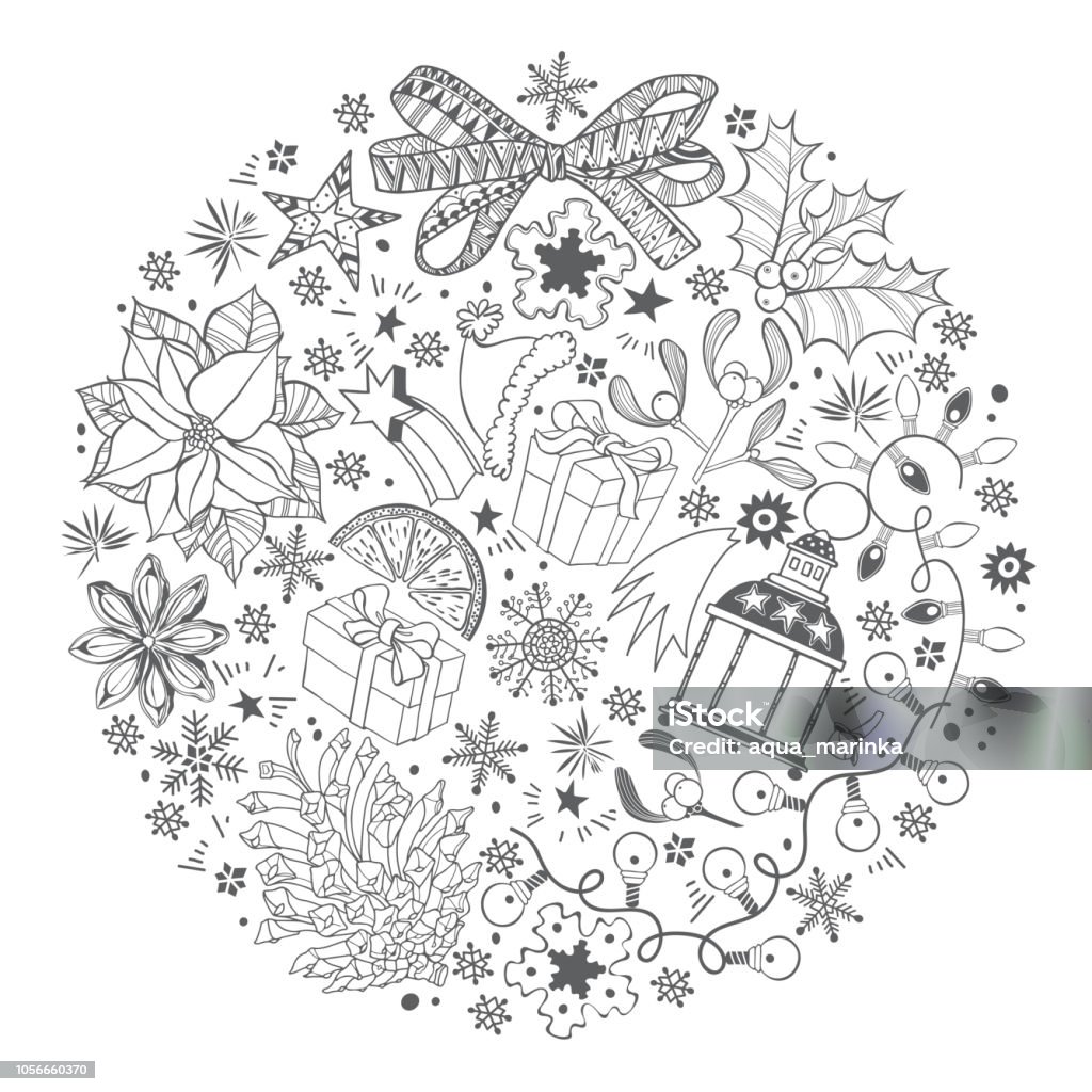 Christmas and New Year background. Vector illustration in the shape of a circle with  traditional festive elements. Vector illustration in the circle  shape with the traditional Christmas  and New Year  elements.  Festive background. Drawing - Art Product stock vector