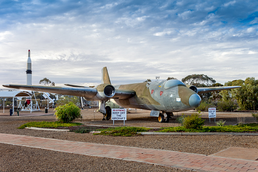 Woomera, Australia - June 02, 2016: The missile park and airplane display at the village of Woomera in outback South Australia. Australia’s old space industry operated in this area.