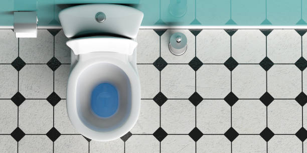 White toilet bowl and brush on white and black tiles floor, top view, copy space. 3d illustration