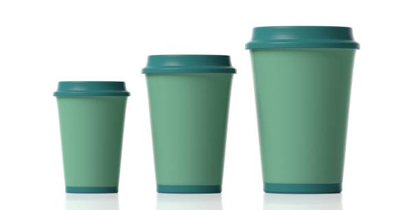 istock Coffee cups green, 3, various sizes isolated on a white background, 3d illustration. 1056675152
