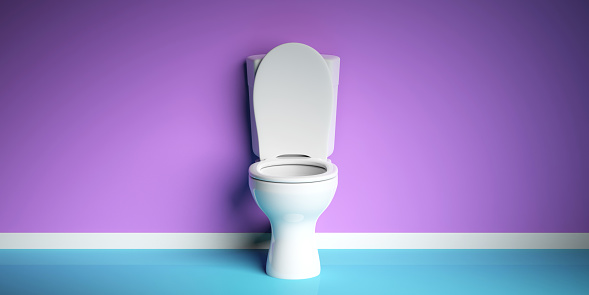 White toilet bowl on modern purple and blue background, copy space. 3d illustration