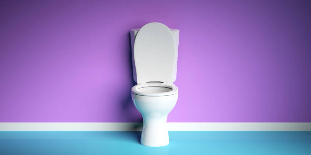 white toilet bowl on purple and blue background, copy space. 3d illustration - greece blue house wall imagens e fotografias de stock