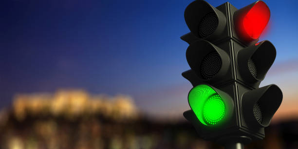 istock Traffic lights on blur sky background, copy space. 3d illustration 1056675224