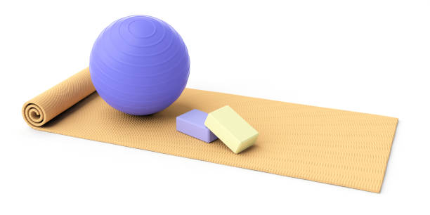 istock Pilates equipment. Exercise mat and pilates ball isolated on white background. 3d illustration 1056675232