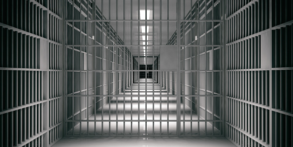 Interior de la prisión. Células de la cárcel, fondo oscuro. Ilustración 3D photo