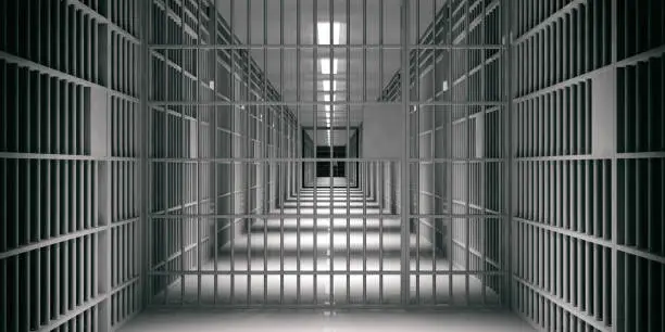 Photo of Prison interior. Jail cells, dark background. 3d illustration