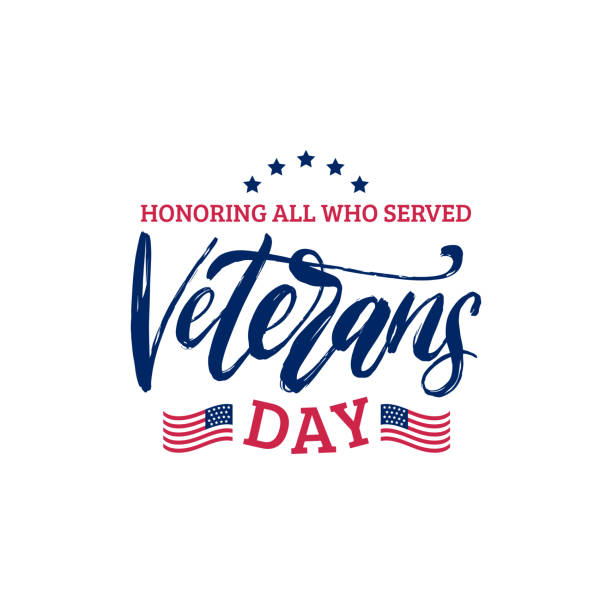 Veterans Day, hand lettering with USA flag illustration. November 11 holiday background. Veterans Day, hand lettering with USA flag illustration. November 11 holiday background. Poster, greeting card with phrase Honoring All Who Served in vector. veterans day logo stock illustrations