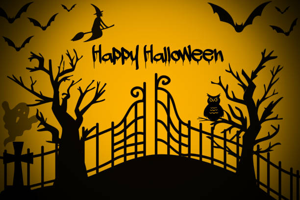 Happy Halloween night with witch, tree, bats on black and orange background