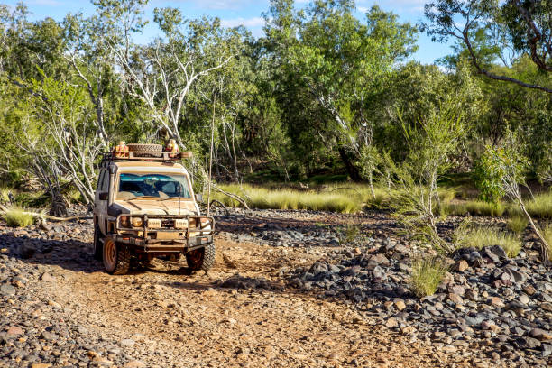 4wd vehículo en pista de outback en australia. - outback 4x4 australia australian culture fotografías e imágenes de stock