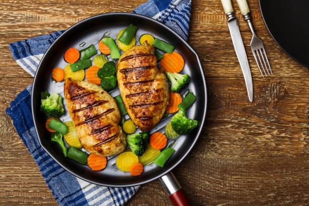 istock Grilled chicken breast with vegetables in a pan. 1056683774