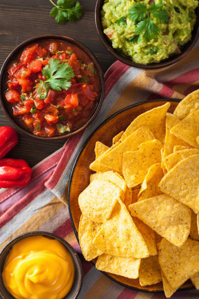 istock mexican nachos tortilla chips with guacamole, salsa and cheese dip 1056691990