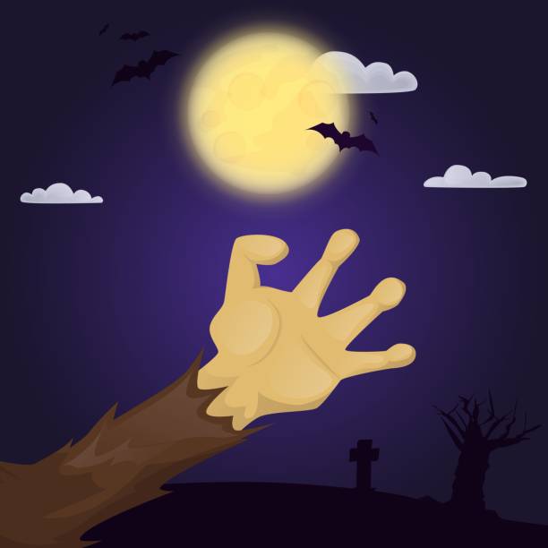 istock Halloween party poster with scary zombie hand spooky character vector illustration. Night horror invitation card. 1056692010