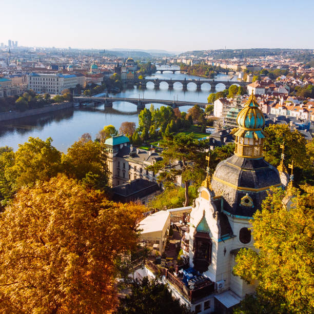 aerial view of autumn prague. vltava river in the morning