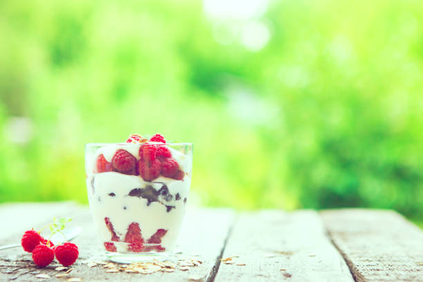 istock Natural yogurt with fresh raspberries, black currant and muesli. 1056693122