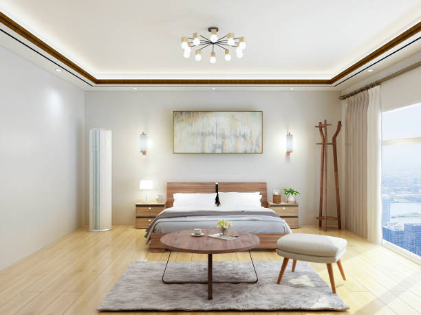istock Luxury modern hotel bedroom design renderings, double bed with floor to ceiling windows, coffee table, sofa board, etc. 1056697966