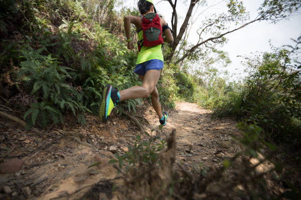 istock Young woman trail runner running on tropical forest trai 1056699722