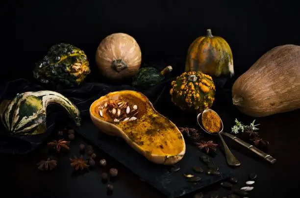 a serious of pumpkins and spices