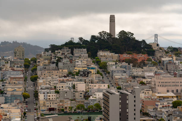 coit tower atop telegraph hill neighborhood in san francisco california - nob hill imagens e fotografias de stock