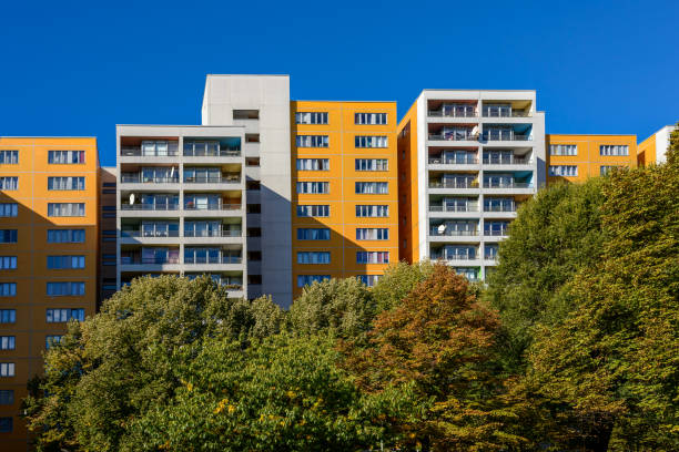 Autumn mood in a Berlin prefab panel housing estate stock photo