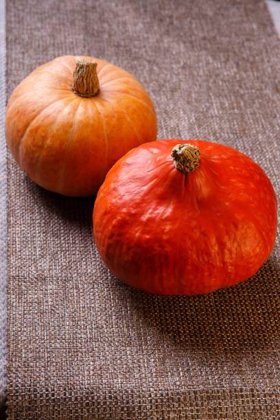 Two red and yellow pumpkins lie on the table top view - fotografia de stock