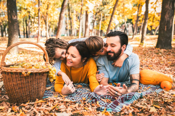 istock Beautiful family having fun, lying on a picnic carpet 1056706058