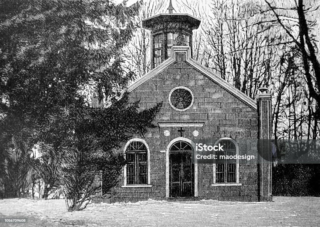 Small church in the forest 1895 stock illustration