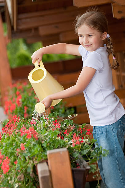 istock Little girl watering flowers 105671462