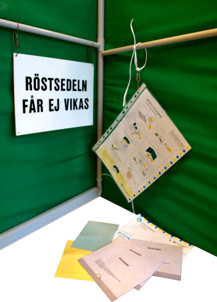 Valhytt enligt ordinärt utseende i Sverige svensk valor utseende av hytt för enskild persona att rösta ostört i vallokal. fotot papá político neutralt utformning. färgade röstkort vid sidan avser ej parti, utan utan indikerar enbart möjlighet att rösta i regeringsval, landstingsval, kommun