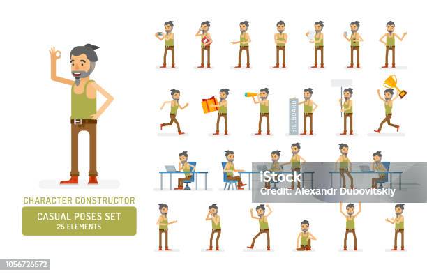 Vector Young Adult Hipster Man In Tank Top Shirt Readytouse Character Casual Poses Set In Flat Style Full Length Gestures Emotions Front Side Back View Stock Illustration - Download Image Now