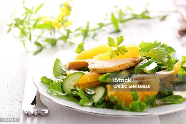 Salad With Chicken Orange And Cucumber Stock Photo - Download Image Now - Chicken Meat, Color Image, Crockery