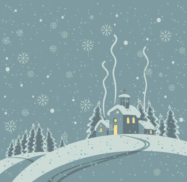 illustrazioni stock, clip art, cartoni animati e icone di tendenza di notte d'inverno con villaggio innevato nel bosco - church in the snow