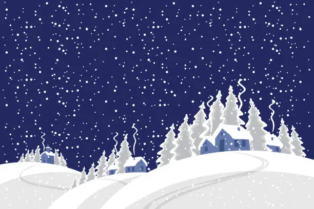 Vector illustration of winter night with snow-covered village in the wood