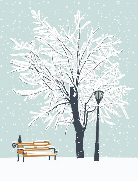 winterlandschaft mit einer katze im verschneiten park - snow park road cold stock-grafiken, -clipart, -cartoons und -symbole