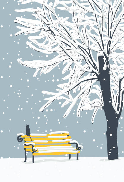 雪に覆われた公園で猫と冬の風景 - snow winter bench park点のイラスト素材／クリップアート素材／マンガ素材／アイコン素材
